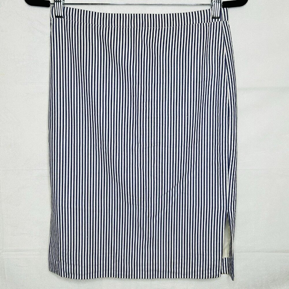 J. CREW Pencil Skirt Blue White Striped Cotton Lined Women's Size 0 Slit NWOT